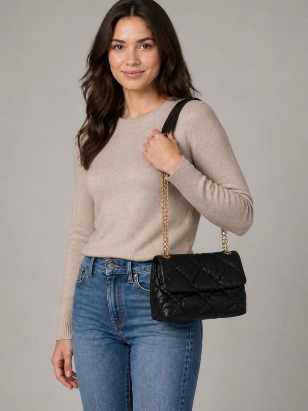 H&M Black Quilted Shoulder Bag with Gold Chain